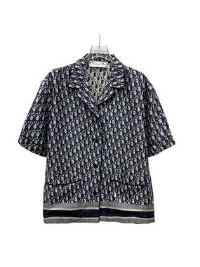 Dior Dark Navy Logo Jacquard Silk Short-Sleeve Shirt